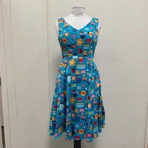 Eva Rose Blue Kitchen Appliance Print V-Neck Fit & Flare Dress With Pockets
